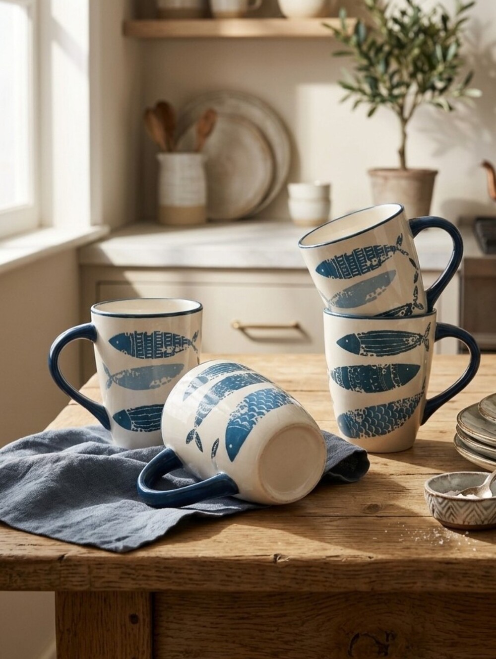 Set of 4 Ceramic Mugs by Stoneage Australia Fish Nautical Coastal Motif
